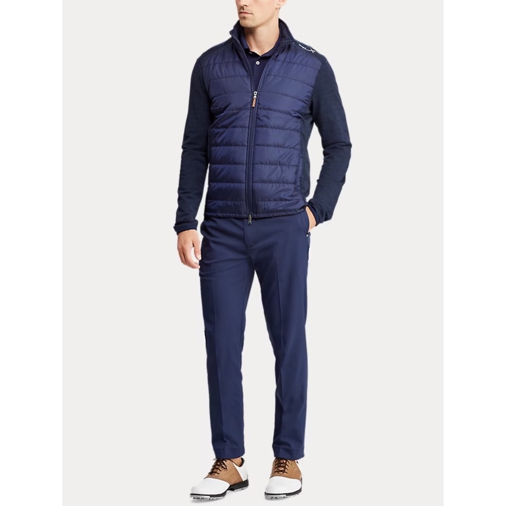 RLX Ralph Lauren Mens Navy Blue Panel Stretch Wool Quilted Hybrid Jacket Large